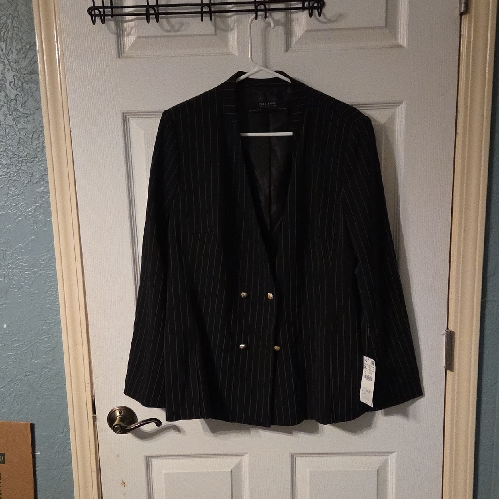 Zara Black Pinstripe Double-Breasted Blazer